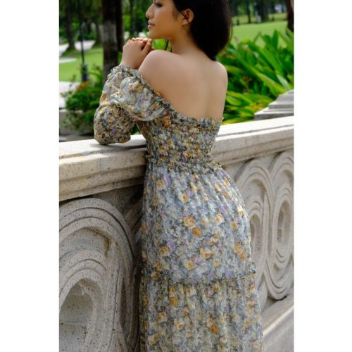 KAMELLIA DRESS - Váy hoa nhí tay dài trễ vai phồng quý cô Pháp cao cấp KAMELLIA