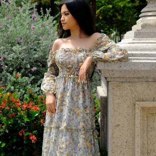 KAMELLIA DRESS - Váy hoa nhí tay dài trễ vai phồng quý cô Pháp cao cấp KAMELLIA