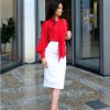 KAMELLIA SET - Áo sơ mi đỏ công sở tay dài cột nơ Maine phối chân váy bút chỉ xẻ tà KAMELLIA