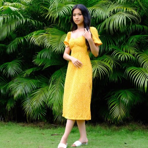 KAMELLIA DRESS - Váy hoa nhí vàng tay ngắn phồng Marguerite cao cấp KAMELLIA